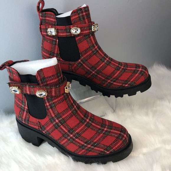 SUGAR-Favorite Red Black Plaid Rhinestone Chunky Heel Chelsea Ankle Boot - Picture 2 of 16